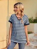 Houndstooth V-Neck Short Sleeve T-Shirt - Trendsi - Flyclothing LLC