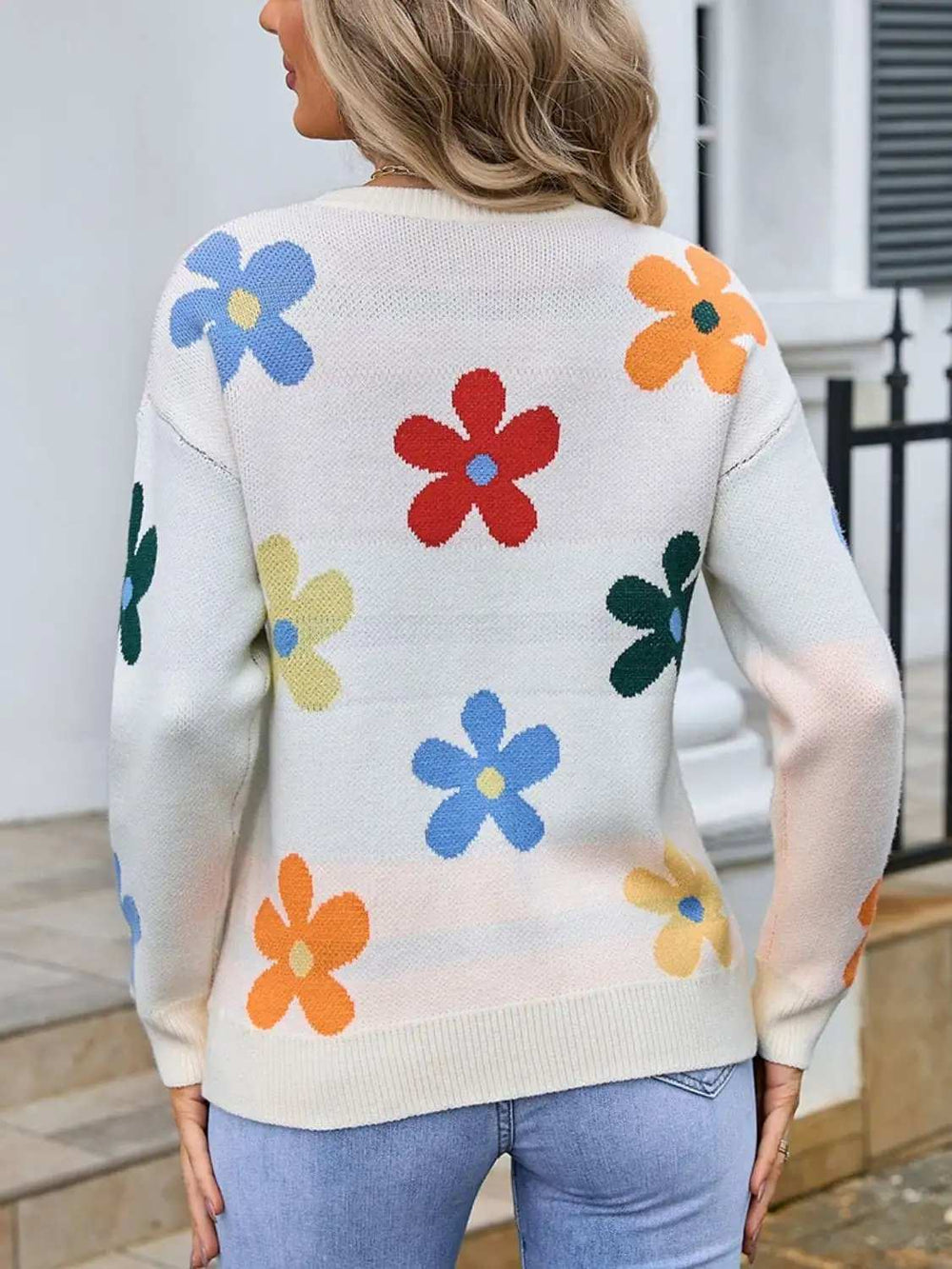 Flower Round Neck Long Sleeve Sweater - Trendsi - Flyclothing LLC
