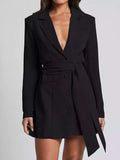 Lapel Collar Tie Waist Blazer - Trendsi - Flyclothing LLC