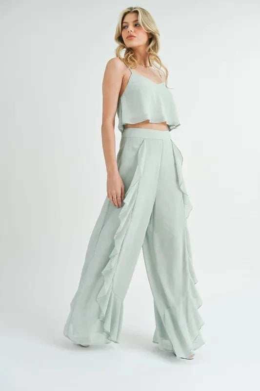 MABLE Crop Cami and Ruffled Wide Leg Pants Set - Trendsi - Flyclothing LLC