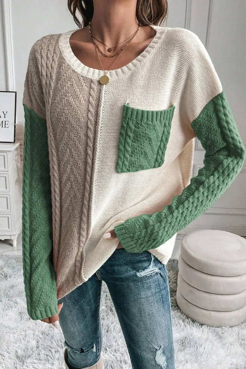 Color Block Round Neck Long Sleeve Sweater - Trendsi - Flyclothing LLC