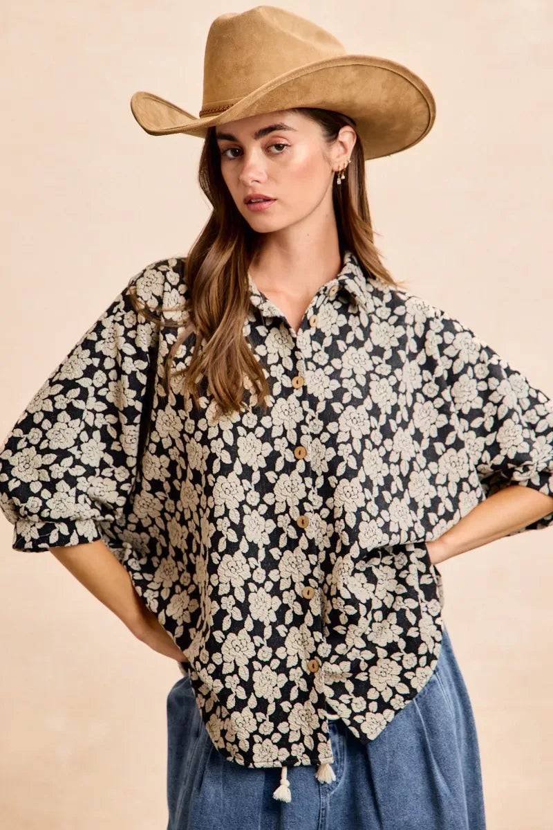 BiBi Floral Jacquard Short Dolman Sleeves Shirt - Trendsi - Flyclothing LLC