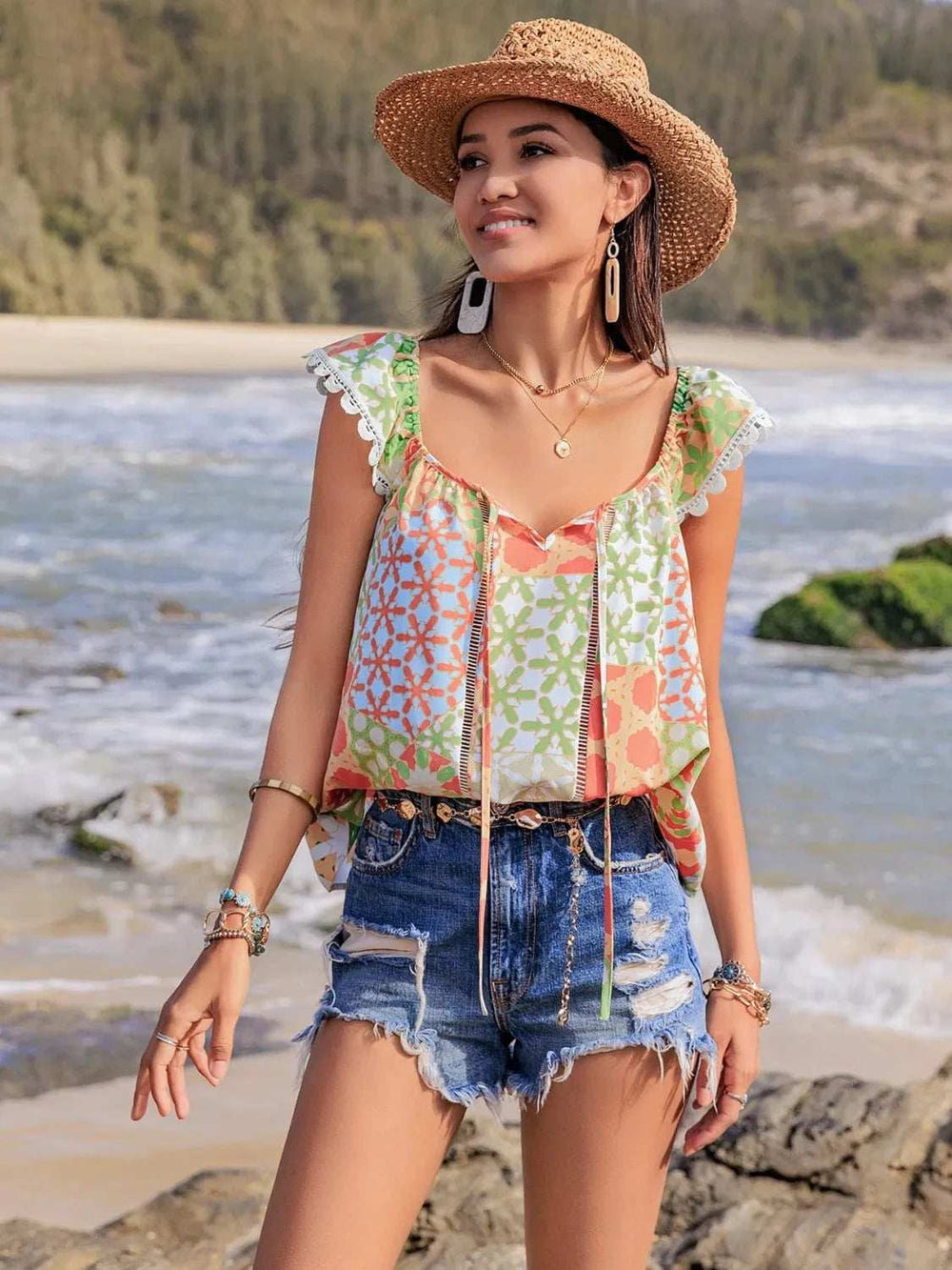 Lace Detail Printed Tie Neck Cap Sleeve Blouse - Trendsi - Flyclothing LLC