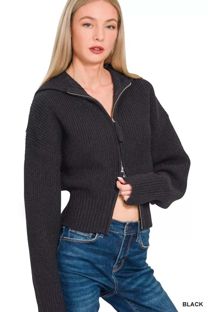 Zenana Ribbed Collared Zip Up Sweater Cardigan - Trendsi - Flyclothing LLC