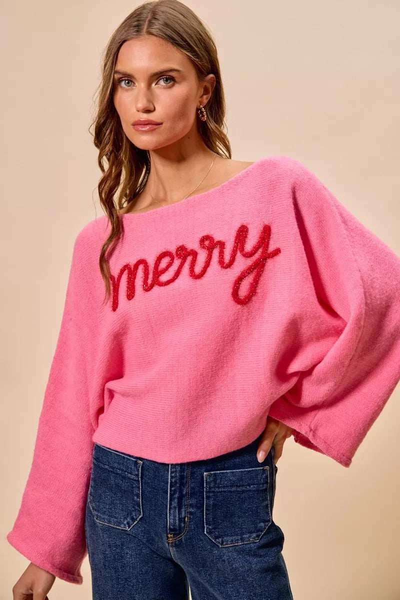 SO ME Merry Tinsel Lettering Christmas Sweater Top - Trendsi - Flyclothing LLC