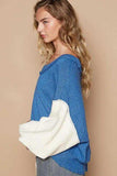 POL Exposed Seam Contrast V-Neck Lantern Sleeve Sweater - Trendsi - Flyclothing LLC