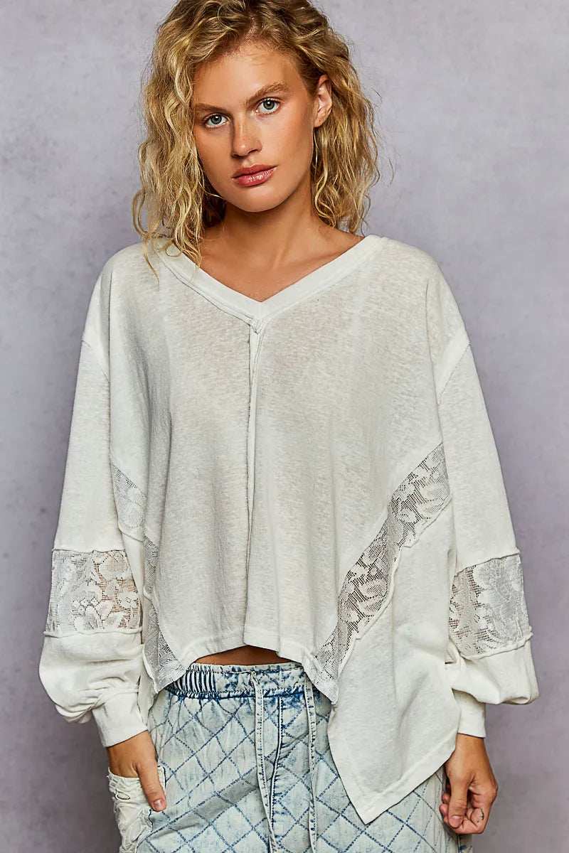 POL V-Neck Long Sleeve T-Shirt with Lace Detail - Trendsi - Flyclothing LLC