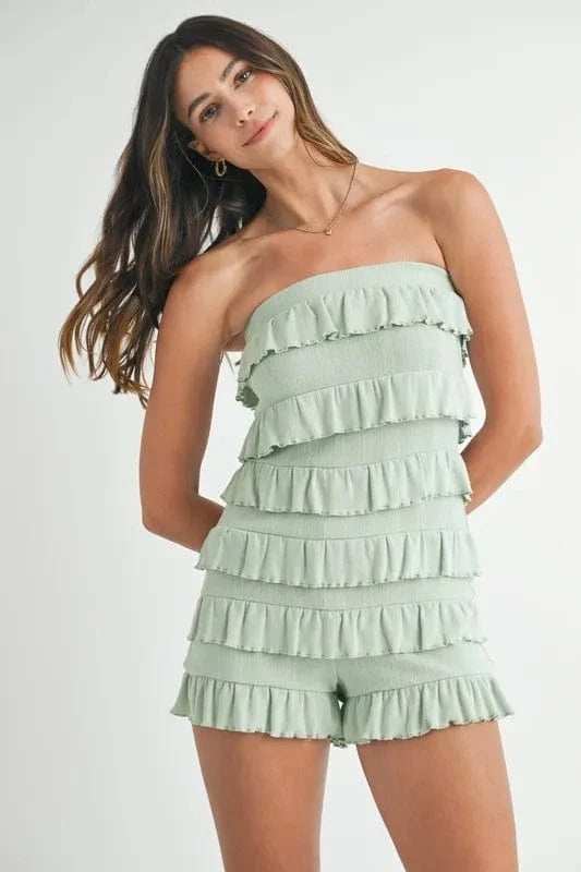 MABLE Pointelle Knit Fabric Ruffled Tube Romper - Trendsi - Flyclothing LLC