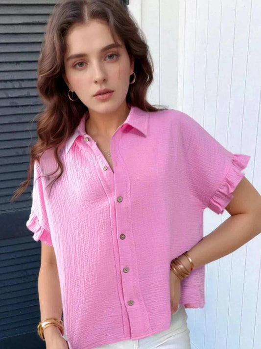 Frill Collared Neck Short Sleeve Shirt - Trendsi - Flyclothing LLC