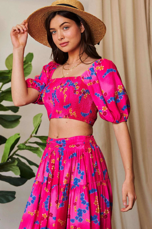 Davi & Dani Smocing Bodice Puff Short Sleeve Printed Crop Top - Trendsi - Flyclothing LLC