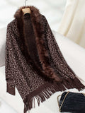 Fringe Leopard Open Front Long Sleeve Poncho - Trendsi - Flyclothing LLC
