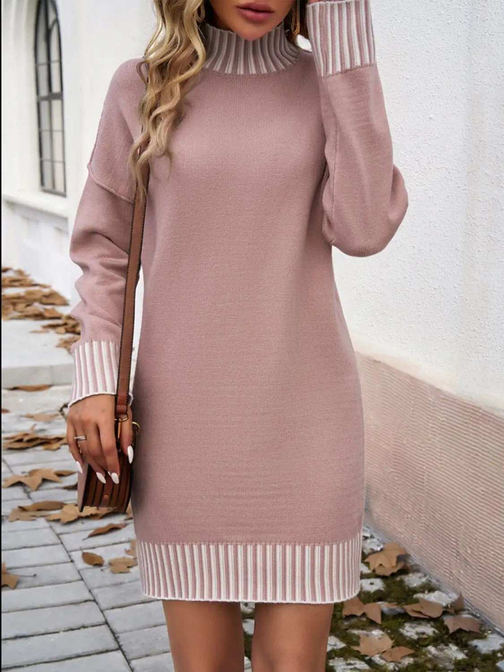 Striped Mock Neck Long Sleeve Sweater Dress - Trendsi - Flyclothing LLC