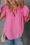 Shirred Tie Neck Ruffled Cap Sleeve Blouse - Trendsi - Flyclothing LLC