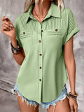 Pleated Detail Collared Neck Short Sleeve Shirt - Trendsi - Flyclothing LLC