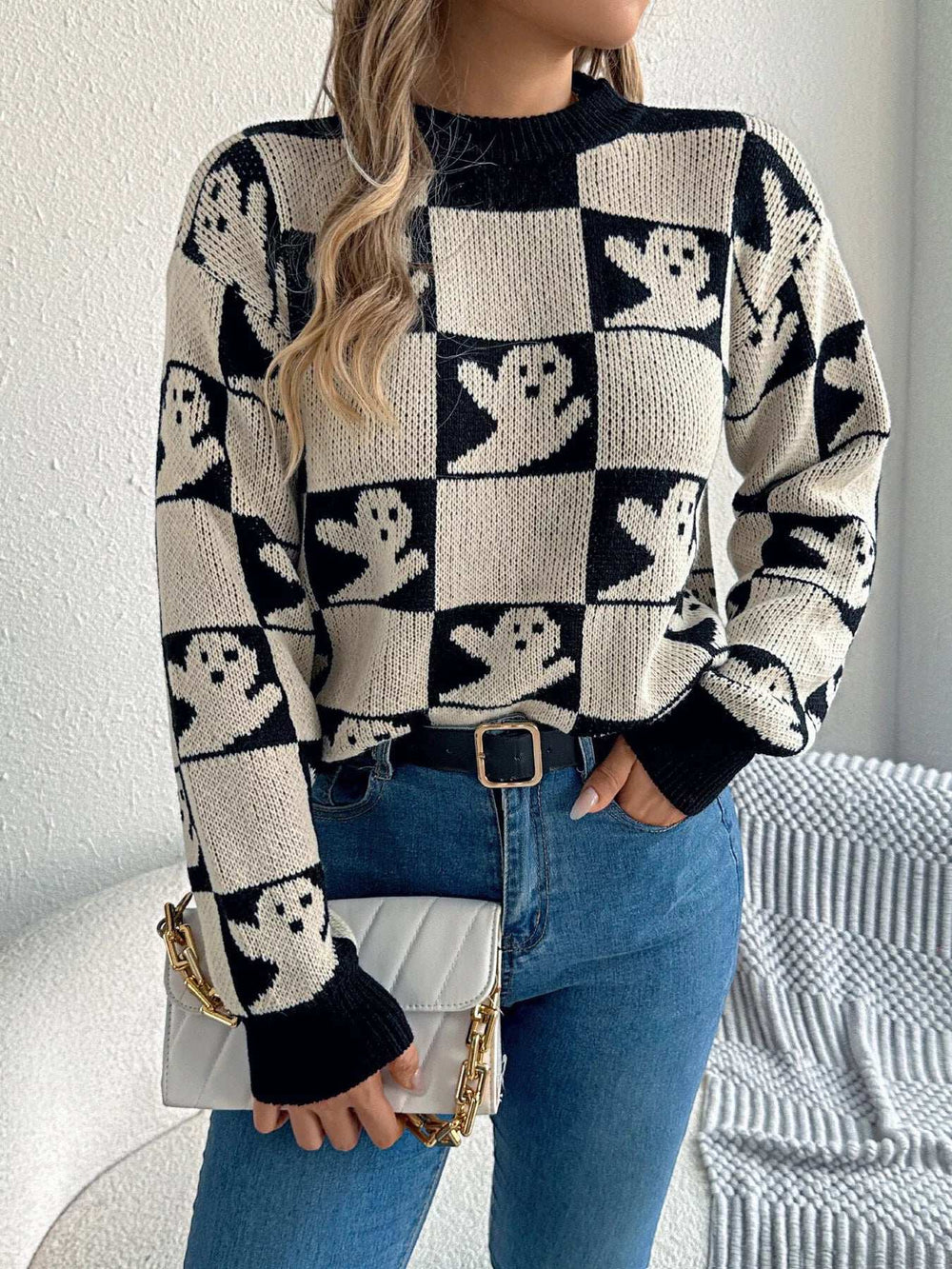 Halloween Ghost Pattern Checkered Round Neck Sweater - Trendsi - Flyclothing LLC