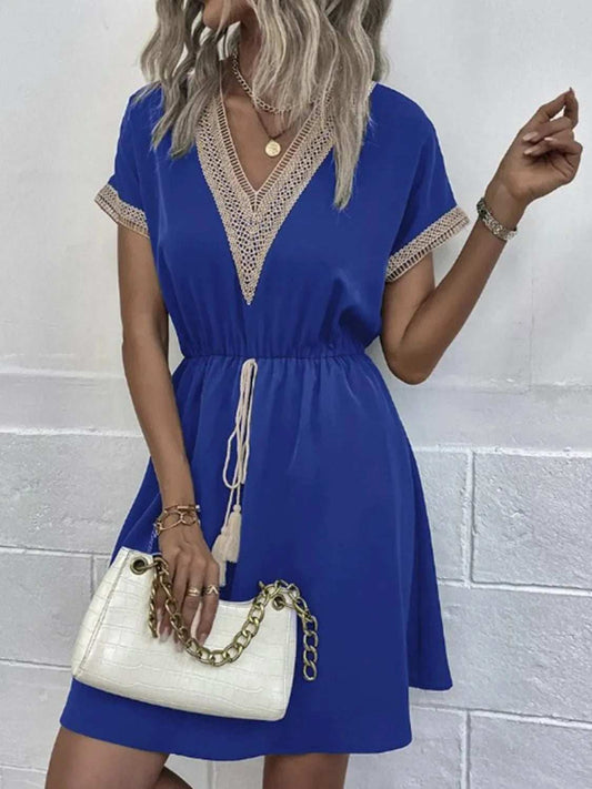 Full Size Tassel V-Neck Short Sleeve Dress Plus Size - Trendsi - Flyclothing LLC