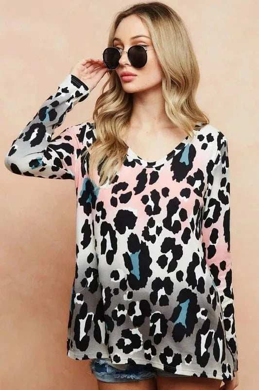 BiBi Gradation Leopard Print Soft Knit Deep U Neck Top - Trendsi - Flyclothing LLC