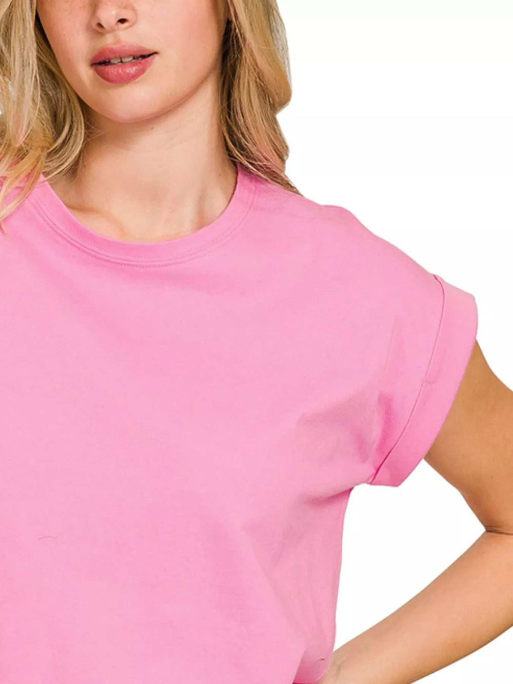 Zenana Round Neck Folded Short Sleeve T-Shirt - Trendsi - Flyclothing LLC
