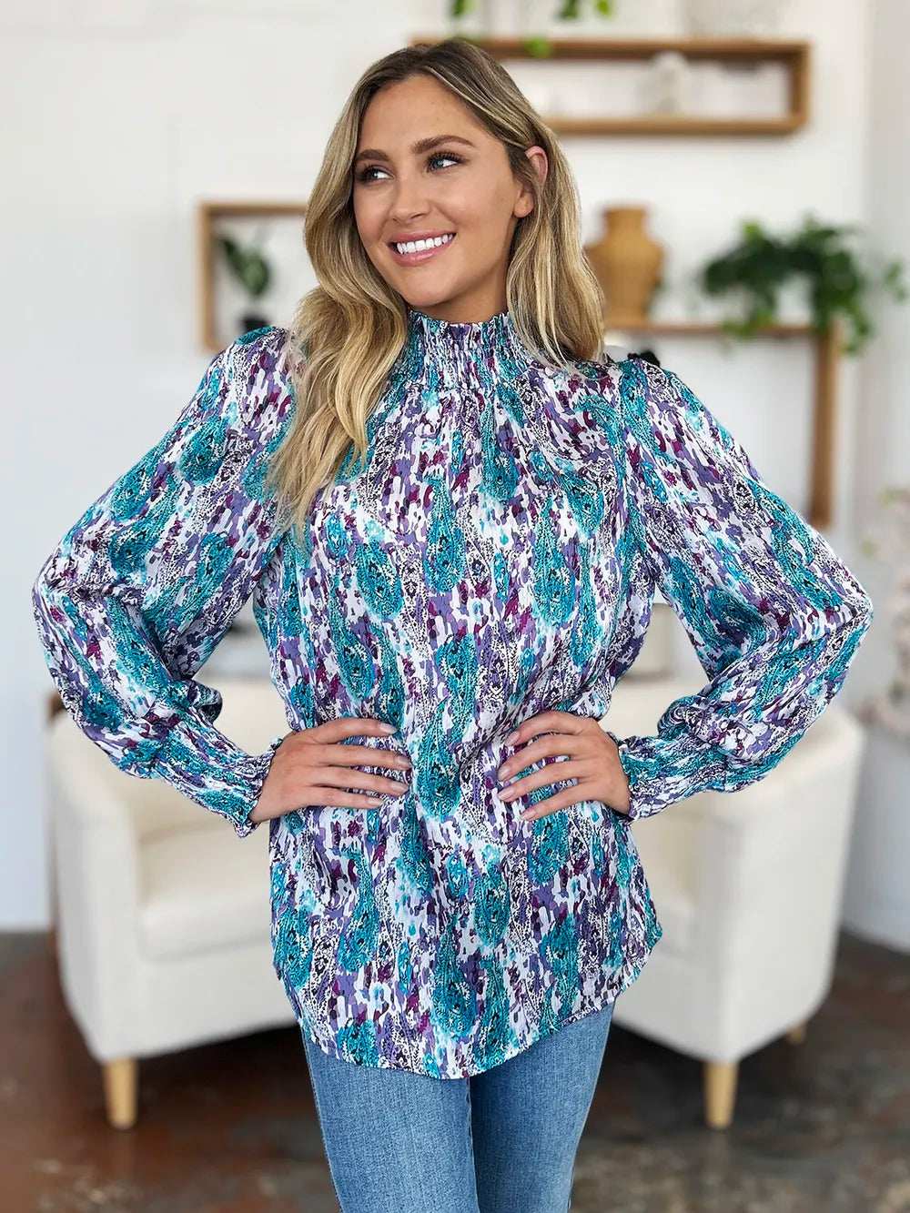 Double Take Full Size Printed Smocked Long Sleeve Blouse - Trendsi - Flyclothing LLC