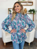 Double Take Full Size Printed Smocked Long Sleeve Blouse - Trendsi - Flyclothing LLC