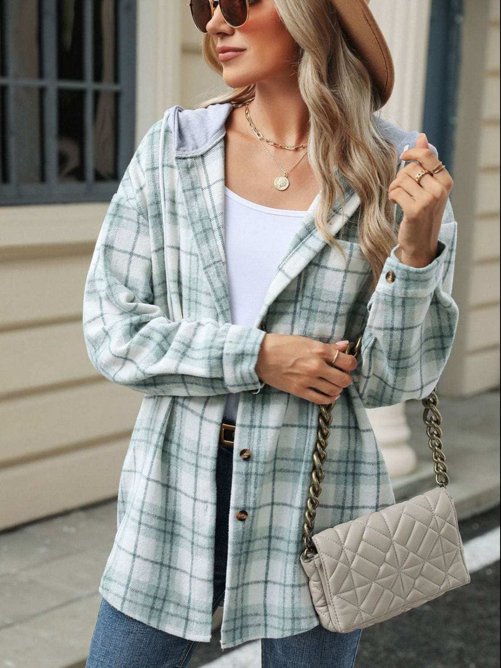 Drawstring Plaid Button Up Hooded Jacket - Trendsi - Flyclothing LLC