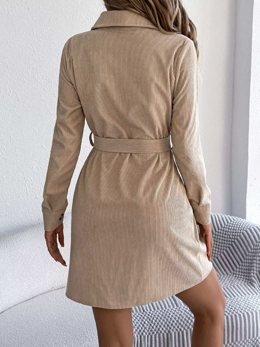 Button-Front Corduroy Shirt Dress - Trendsi - Flyclothing LLC