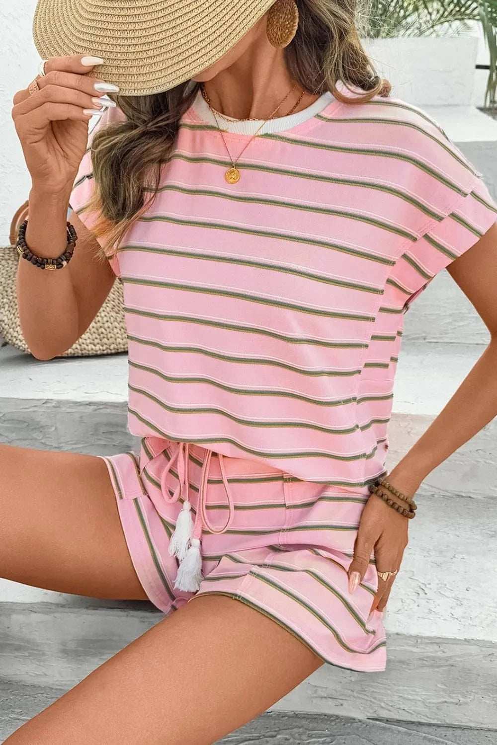 Stripe Wide Short Sleeve Tee and Short Set - Trendsi - Flyclothing LLC