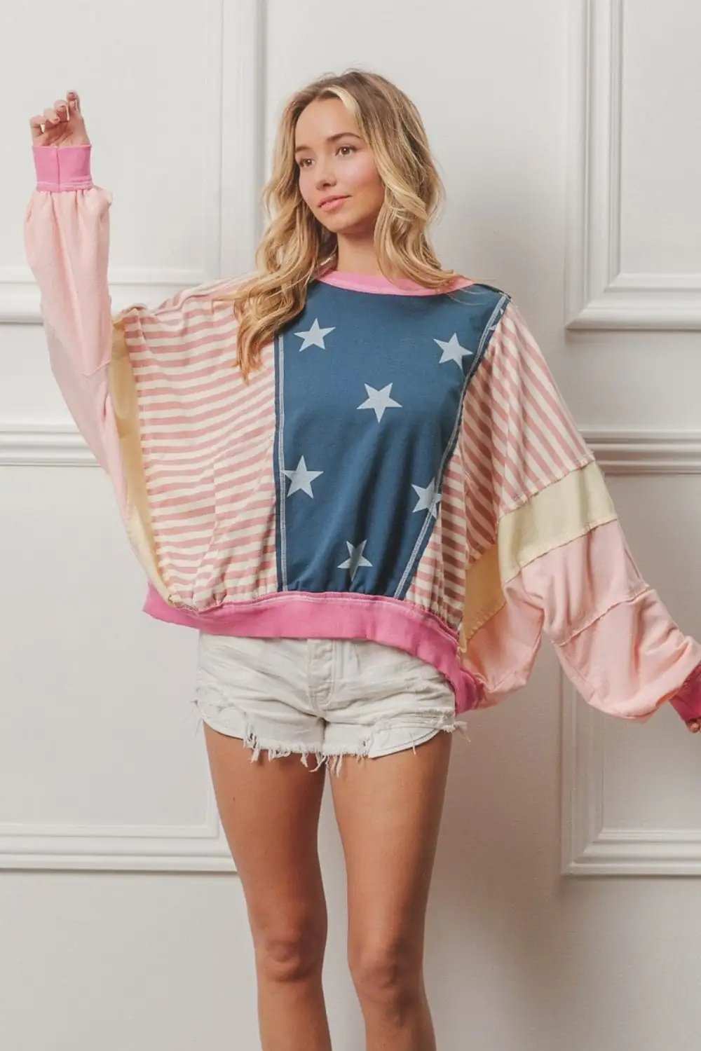 BiBi Stars and Stripes Round Neck Long Sleeve Top - Trendsi - Flyclothing LLC