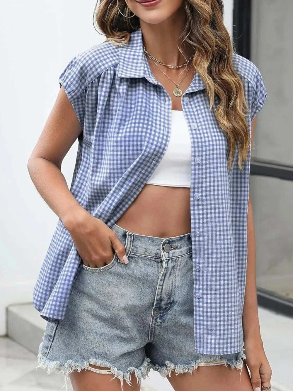 Plaid Button Up Cap Sleeve Shirt - Trendsi - Flyclothing LLC