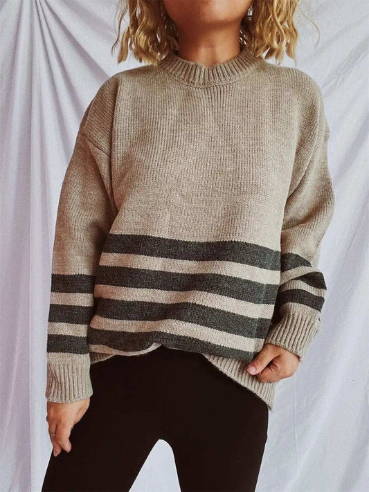 Striped Dropped Shoulder Long Sleeve Sweater - Trendsi - Flyclothing LLC