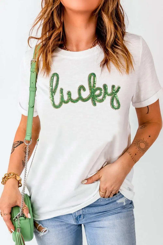 Sequined Lucky St.Patricks Day T-Shirt - Trendsi - Flyclothing LLC