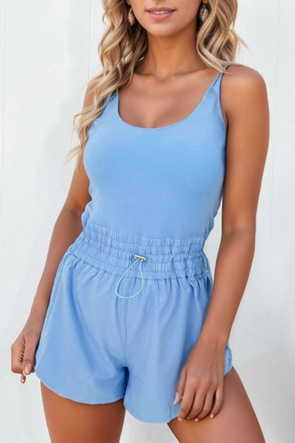 Drawstring Waist Scoop Neck Romper - Trendsi - Flyclothing LLC