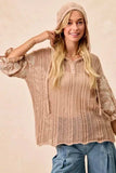 BiBi Jacquard Flower Puff Sleeve Hooded Knit Top - Trendsi - Flyclothing LLC