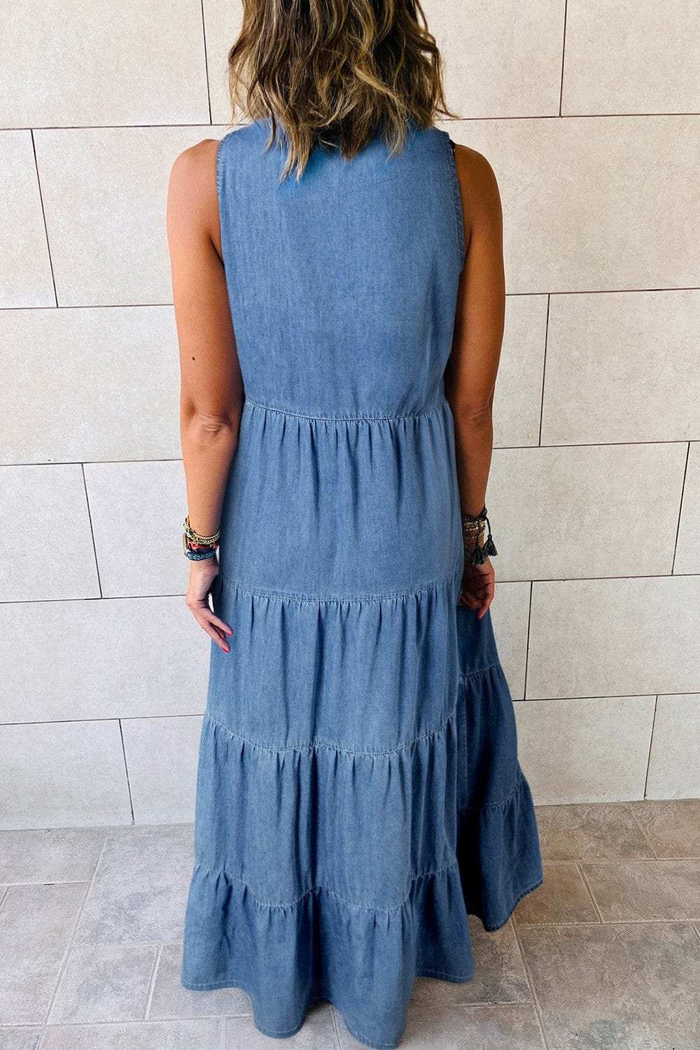 Tie Neck Tiered Maxi Denim Dress - Trendsi - Flyclothing LLC
