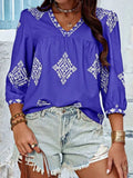 Printed V-Neck Three-Quarter Sleeve Blouse - Trendsi - Flyclothing LLC