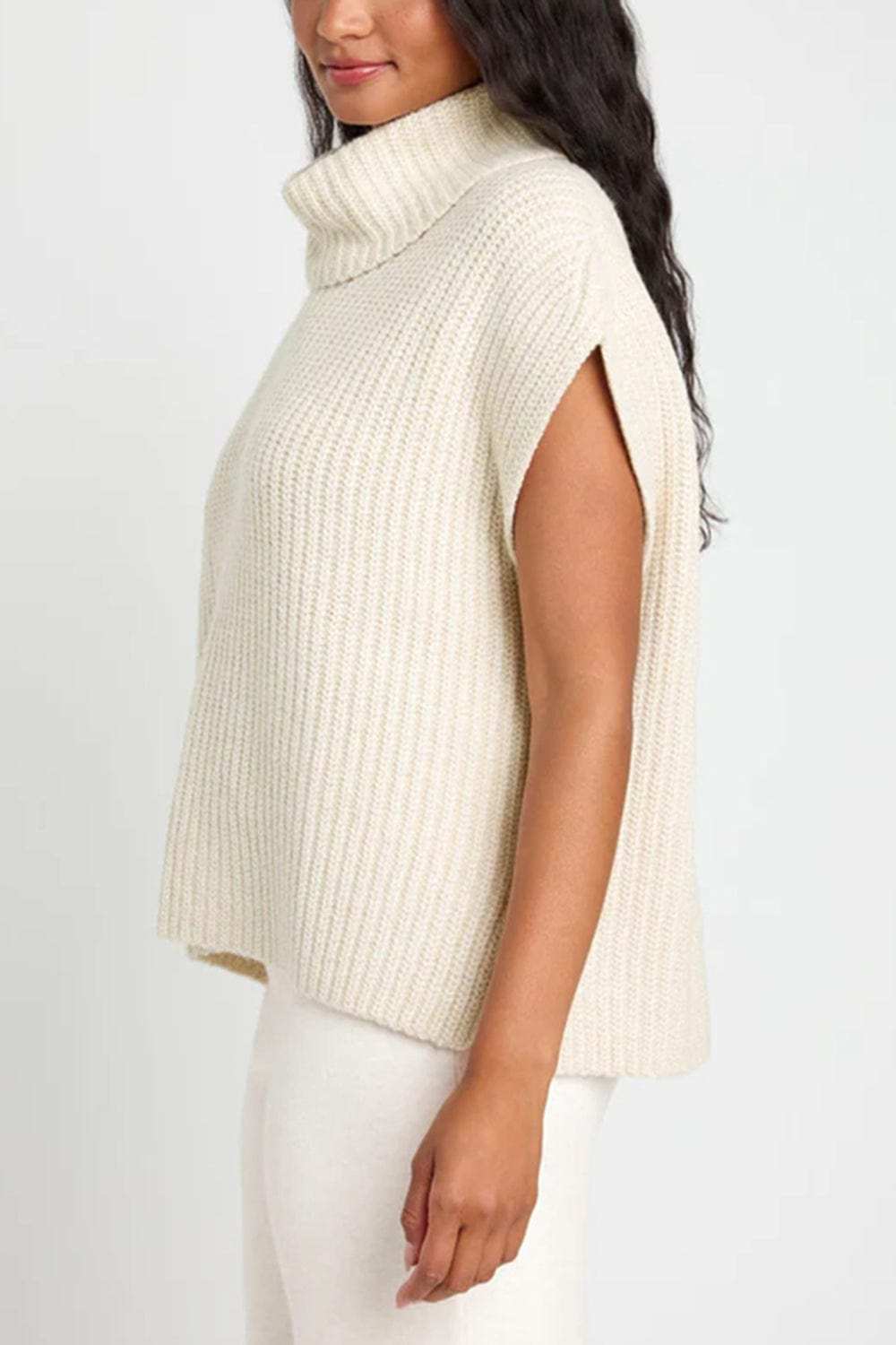 Slit Turtleneck Cap Sleeve Sweater - Trendsi - Flyclothing LLC