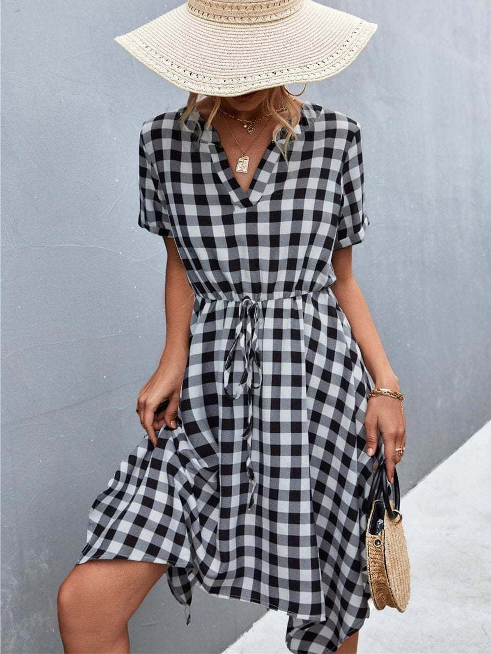 Plaid Notched Short Sleeve Dress - Trendsi - Flyclothing LLC