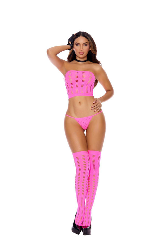 Elegant Moments Neon Pink Np Top, G-String & Stockings 8680np - Elegant Moments - Flyclothing LLC
