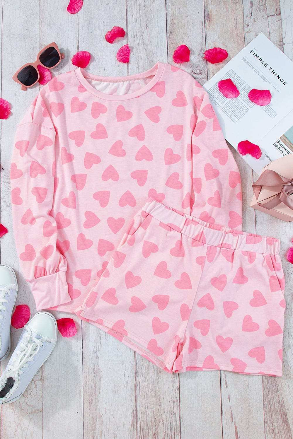 Heart Print Long Sleeve Top and Shorts Lounge Set - Trendsi - Flyclothing LLC