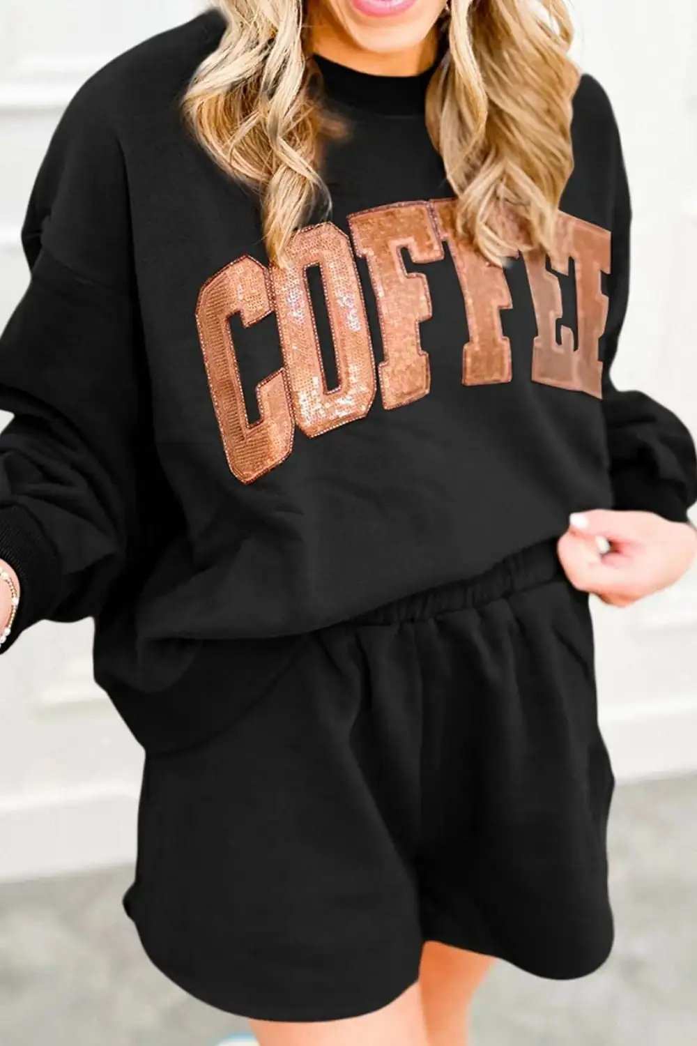COFFEE Sequin Round Neck Long Sleeve Top and Shorts Set - Trendsi - Flyclothing LLC