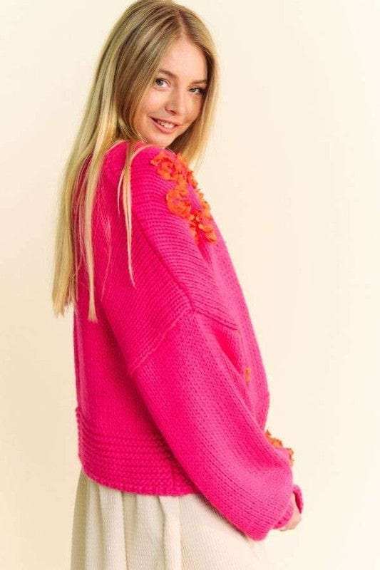 Davi & Dani Floral Applique Open Front Drop Shoulder Cardigan - Trendsi - Flyclothing LLC