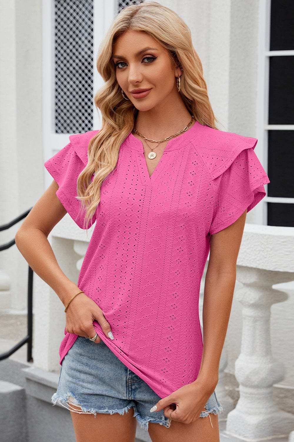 Eyelet Notched Flutter Sleeve T-Shirt - Trendsi - Flyclothing LLC