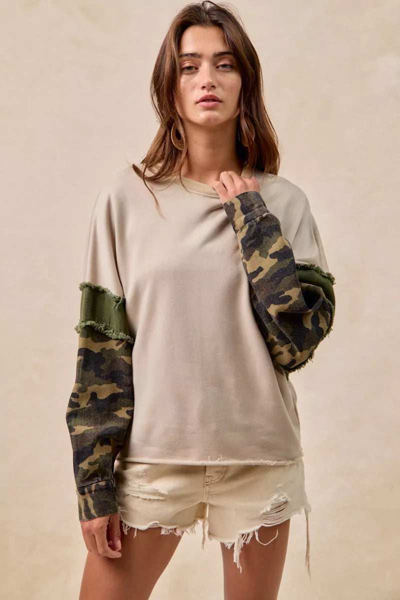 BiBi Camo Sleeve French Terry Top with Frayed Edge - Trendsi - Flyclothing LLC