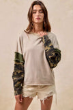 BiBi Camo Sleeve French Terry Top with Frayed Edge - Trendsi - Flyclothing LLC