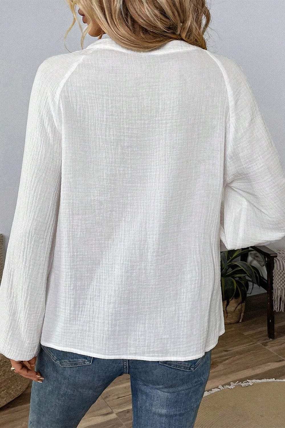 Embroidered Notched Long Sleeve Blouse - Trendsi - Flyclothing LLC
