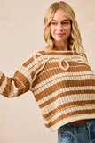 BiBi Striped Open Knit Sweater Top with Front Braided Detail - Trendsi - Flyclothing LLC