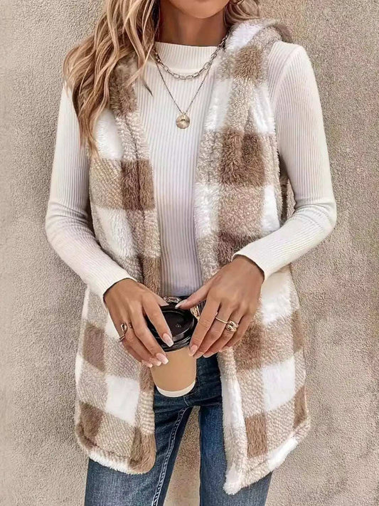 Fuzzy Plaid Hooded Vest Coat - Trendsi - Flyclothing LLC