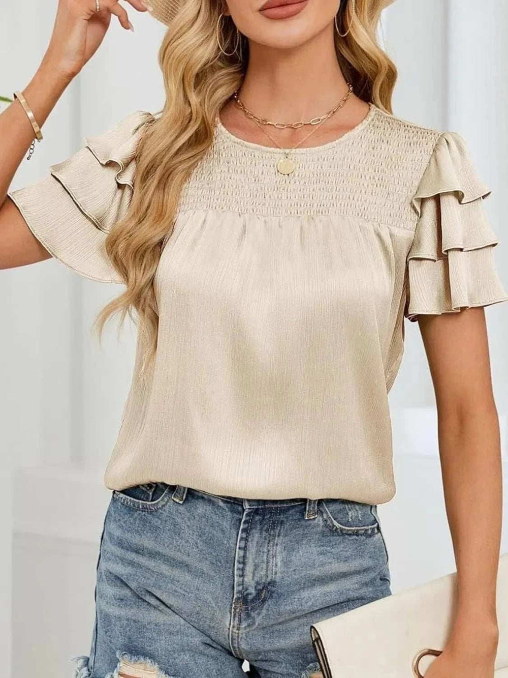 Smocked Round Neck Ruffled Layered Sleeve Blouse - Trendsi - Flyclothing LLC