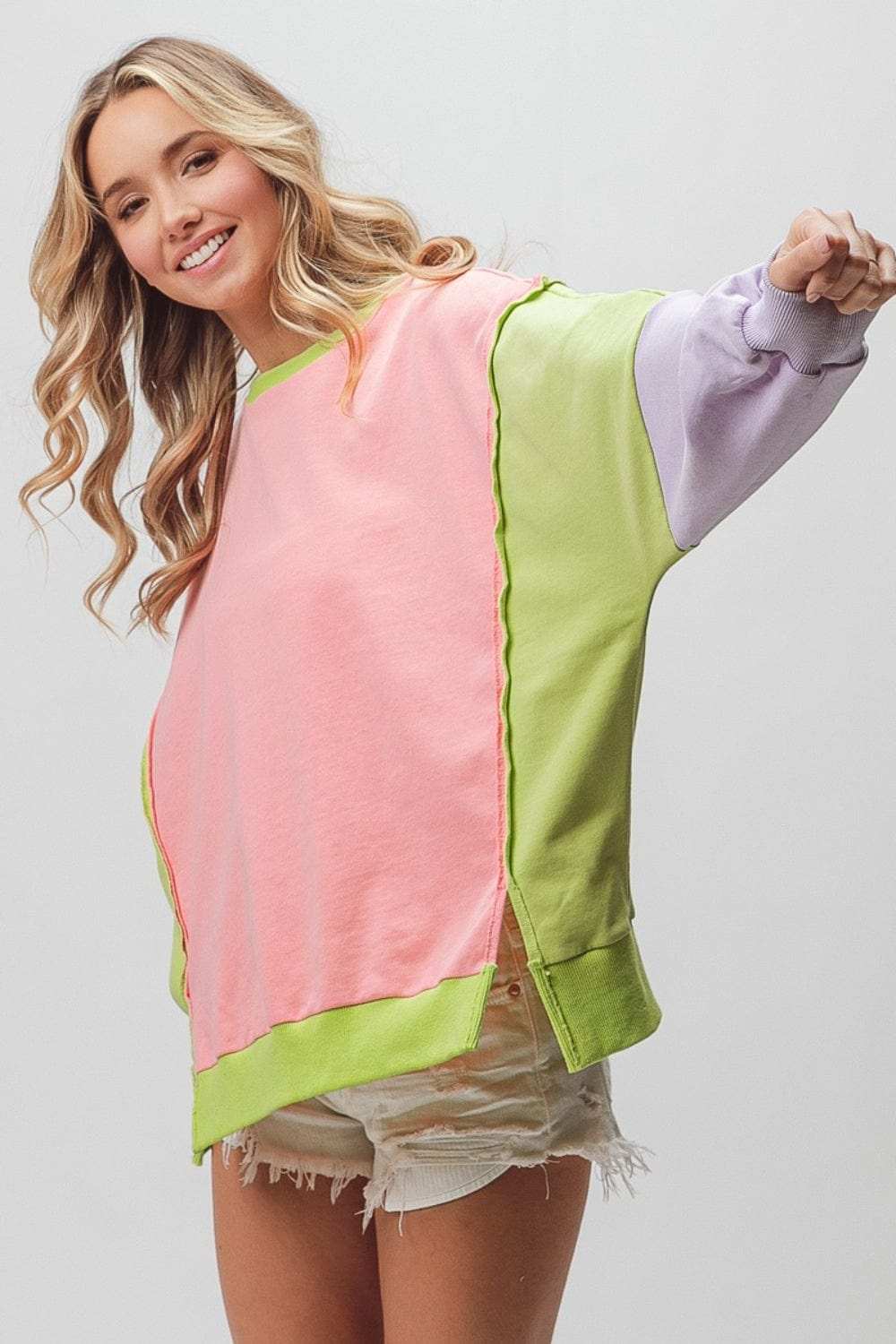 BiBi Washed Color Block Sweatshirt - Trendsi - Flyclothing LLC