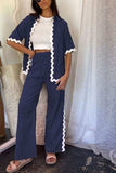 Contrast Trim Half Sleeve Top and Pants Set - Trendsi - Flyclothing LLC